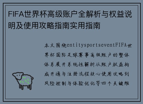 FIFA世界杯高级账户全解析与权益说明及使用攻略指南实用指南